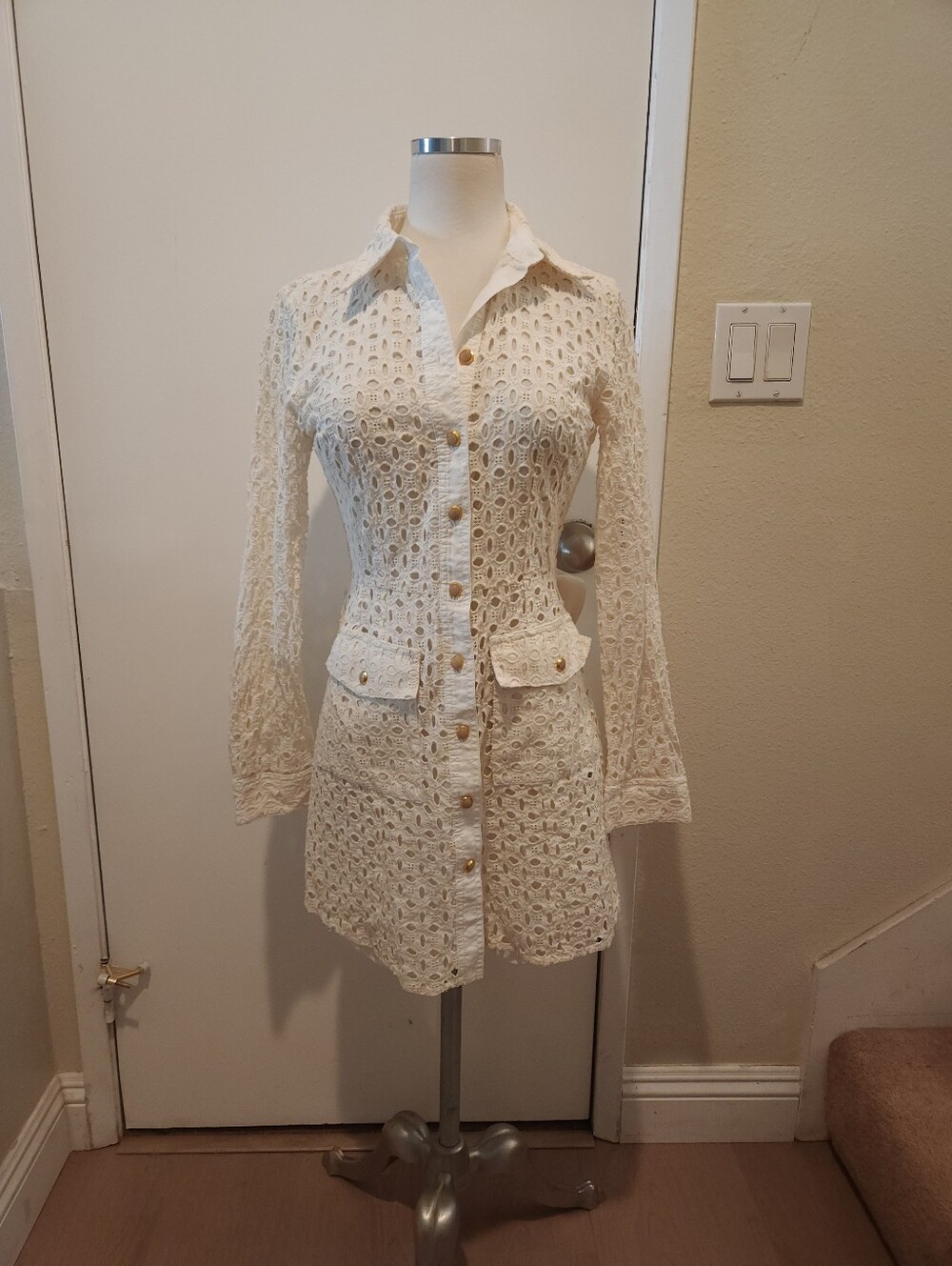 Ivory Crochet Button-Front Tunic Dress
